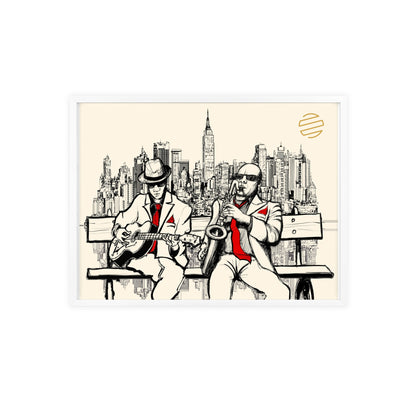 Jazz Duo Cityscape Poster with Wooden Frame — Vintage NYC Musicians Wall Art