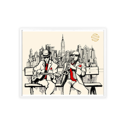 Jazz Duo Cityscape Poster with Wooden Frame — Vintage NYC Musicians Wall Art