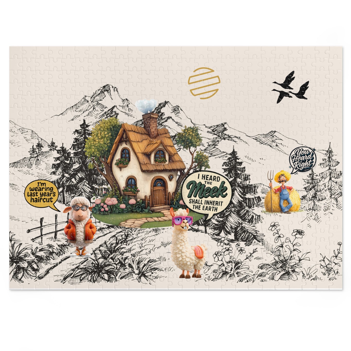 Earth Countryside Cottage Jigsaw Puzzle with Tin — Whimsical Farm Animals & Mountains (Includes Tin)