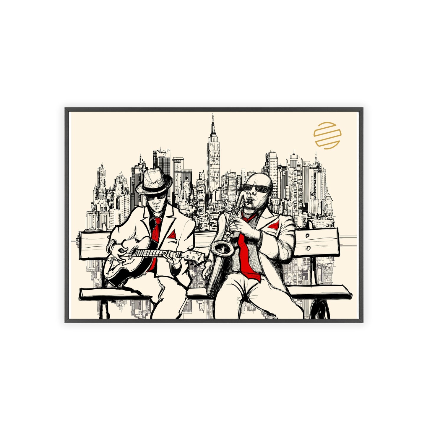 Jazz Duo Cityscape Poster with Wooden Frame — Vintage NYC Musicians Wall Art