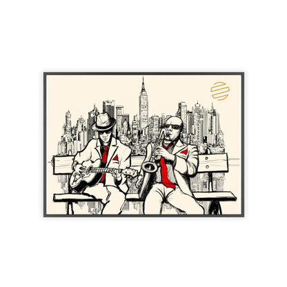 Jazz Duo Cityscape Poster with Wooden Frame — Vintage NYC Musicians Wall Art