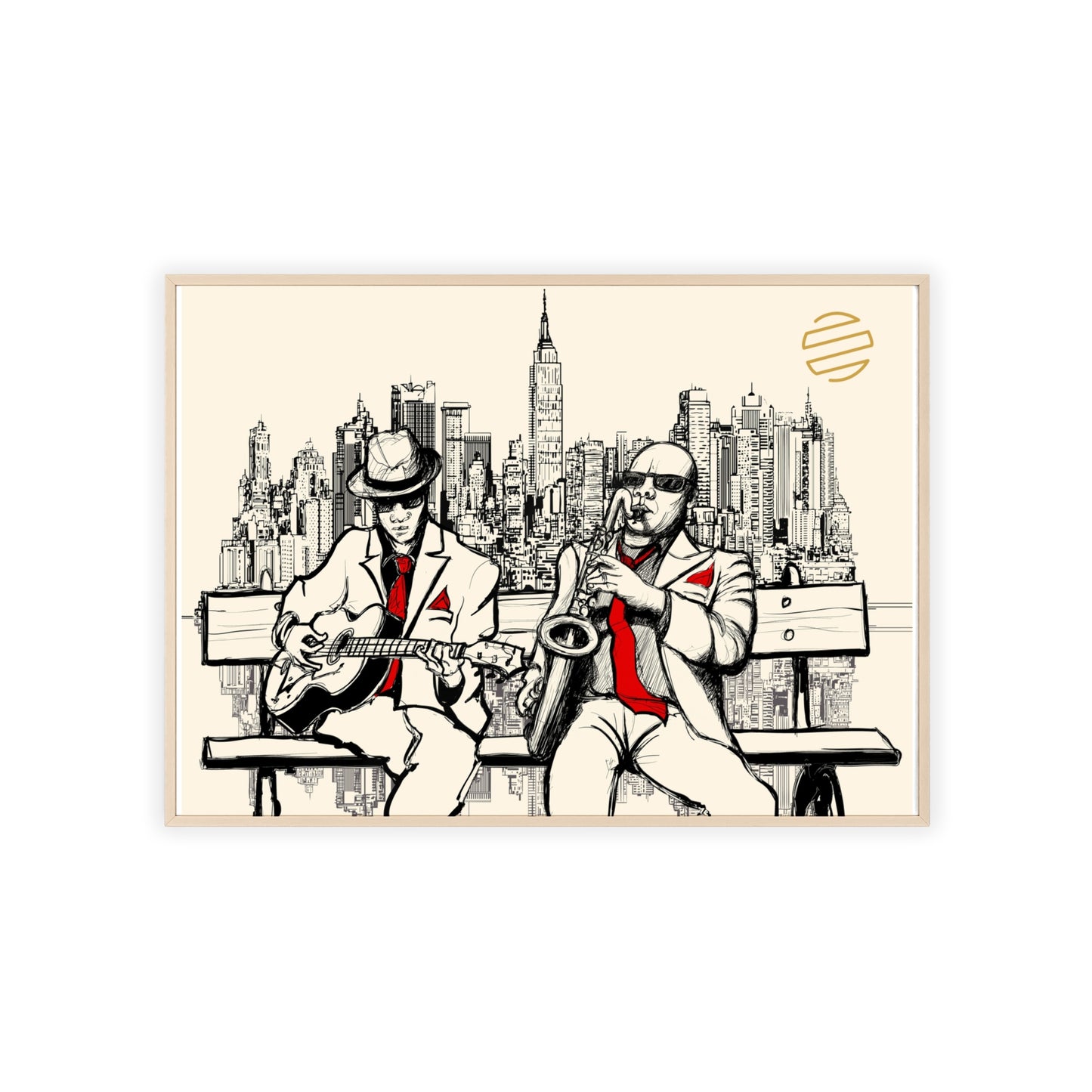 Jazz Duo Cityscape Poster with Wooden Frame — Vintage NYC Musicians Wall Art