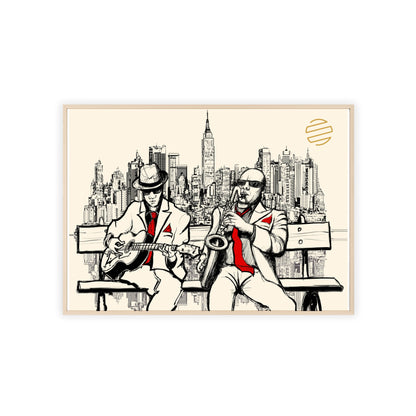 Jazz Duo Cityscape Poster with Wooden Frame — Vintage NYC Musicians Wall Art