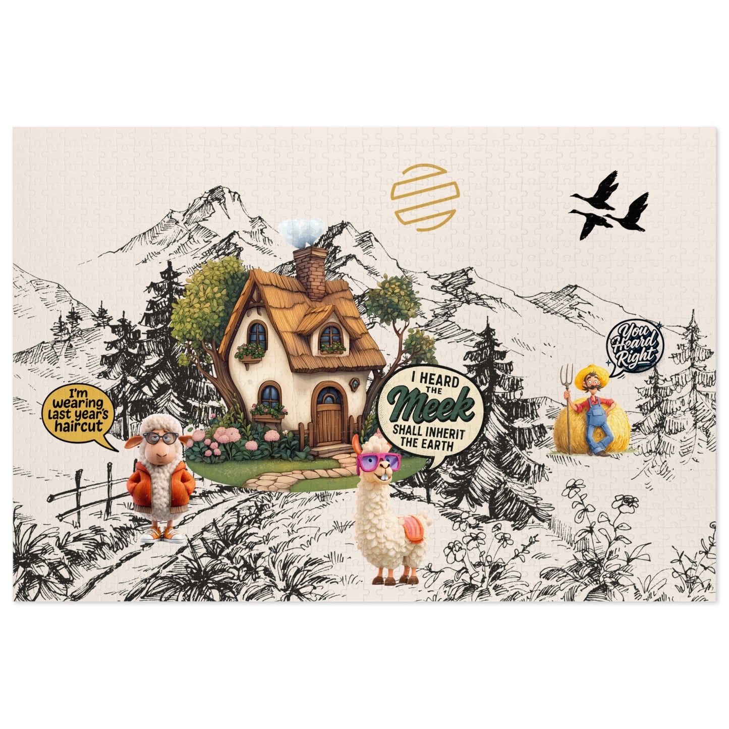 Earth Countryside Cottage Jigsaw Puzzle with Tin — Whimsical Farm Animals & Mountains (Includes Tin)