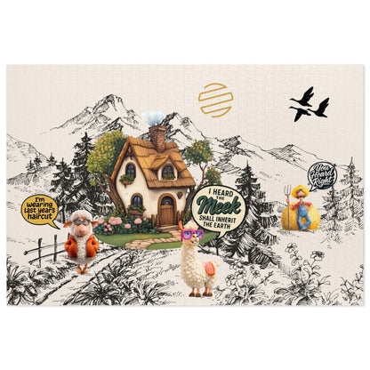 Earth Countryside Cottage Jigsaw Puzzle with Tin — Whimsical Farm Animals & Mountains (Includes Tin)