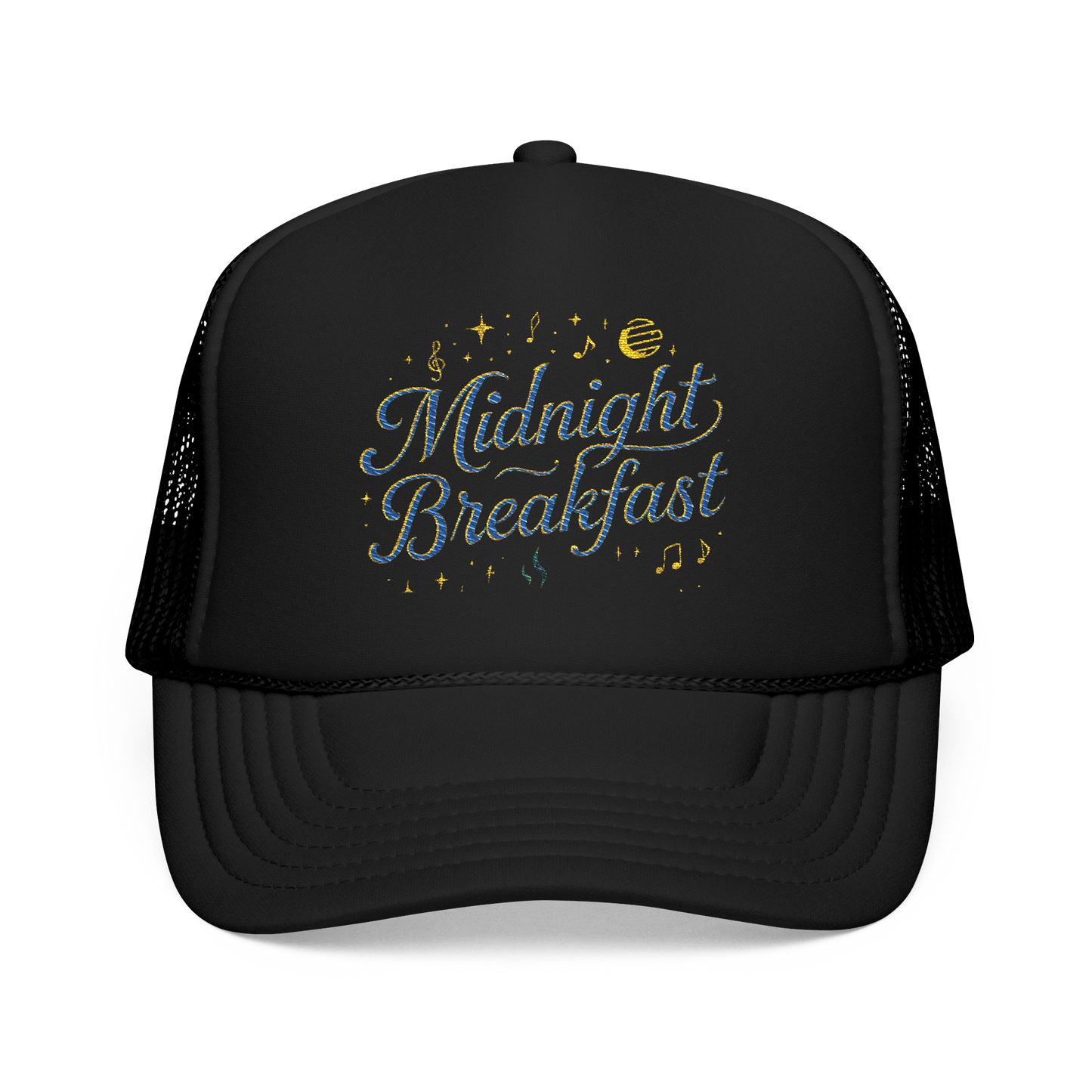Midnight Breakfast Embroidered Trucker Hat — Retro Night-Sky Foam Cap