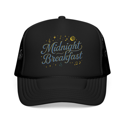 Midnight Breakfast Embroidered Trucker Hat — Retro Night-Sky Foam Cap