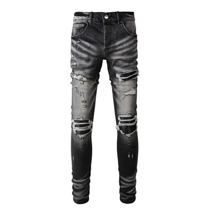 Men's Retro Black Gray Ripped Slim Fit Jeans