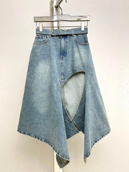Deconstructed Hollow-Slit Denim Skirt