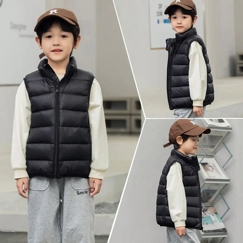 Kids Lightweight Down Vest with Stand Collar (90% White Duck Down)