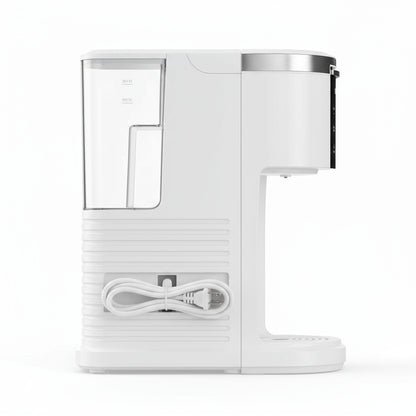 White coffee machine with a clear water tank on a white background