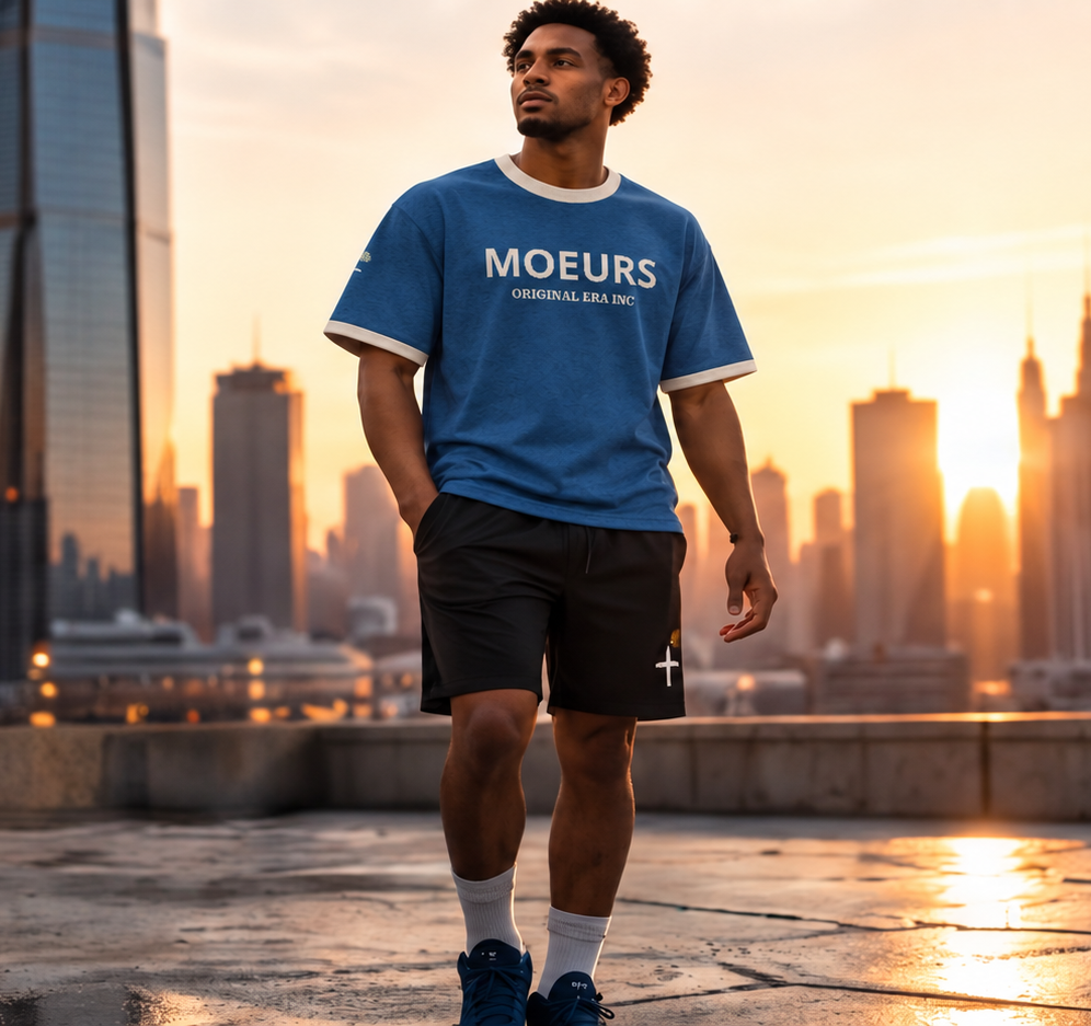 A man stands on a rooftop wearing a blue short-sleeve athletic T-shirt with white trim and the brand name 'MOEURS' printed across the chest, paired with black shorts. The background shows a city skyline at sunset with warm golden light reflecting on the wet pavement.