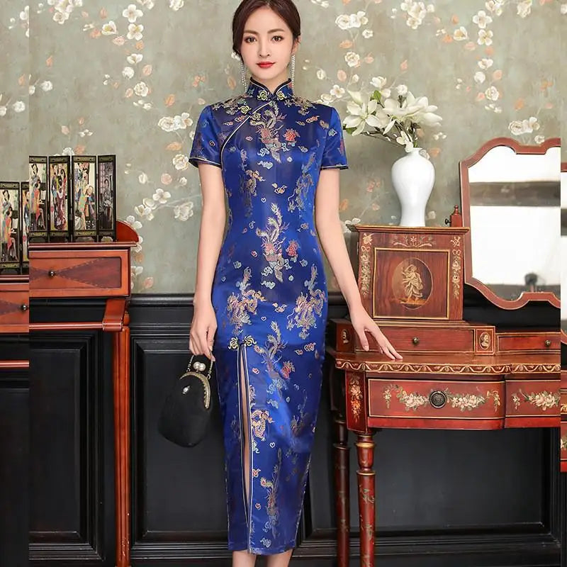 Women's Elegant Vintage Mandarin Collar Chinese Satin Dress
