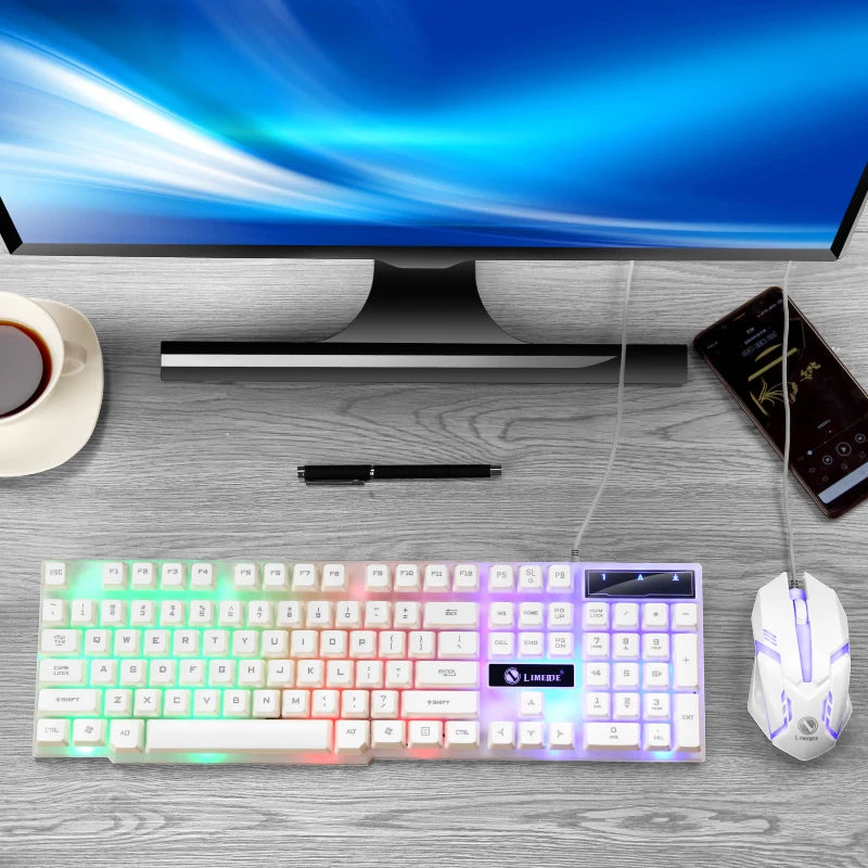 USB Wired PC Rainbow Colorful LED Backlit Gaming Keyboard Mouse Set