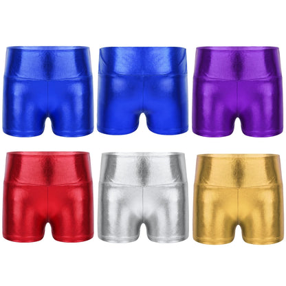 Kids Metallic Shiny High Waist Dance Shorts - Girls