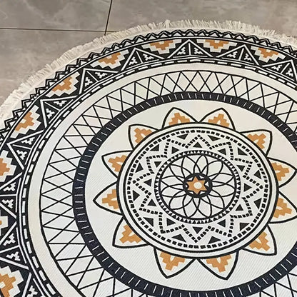 Tassel Round Rug in Cotton, Retro Ethnic Design (31.5in)