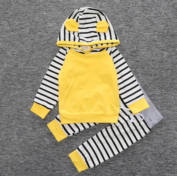 Yellow Long Sleeve Hoodie and Striped Pants Set for Kids