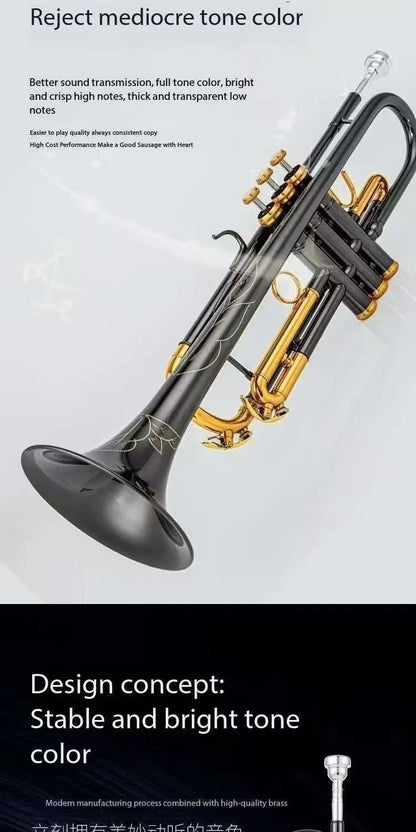 Salinte Professional Grade Beginner-Friendly BB Tone Brass Trumpet Gold Lacquer Finish - Small Size for Children's Band | Black