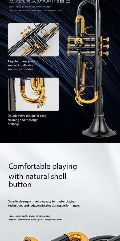 Salinte Professional Grade Beginner-Friendly BB Tone Brass Trumpet Gold Lacquer Finish - Small Size for Children's Band | Black