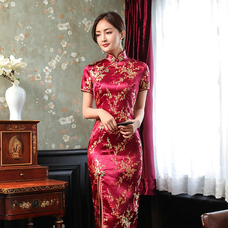 Women's Elegant Vintage Mandarin Collar Chinese Satin Dress