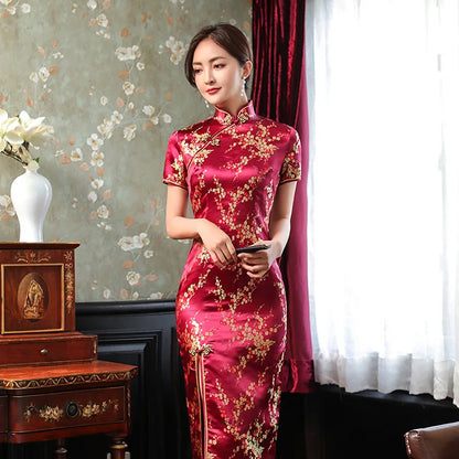 Women's Elegant Vintage Mandarin Collar Chinese Satin Dress