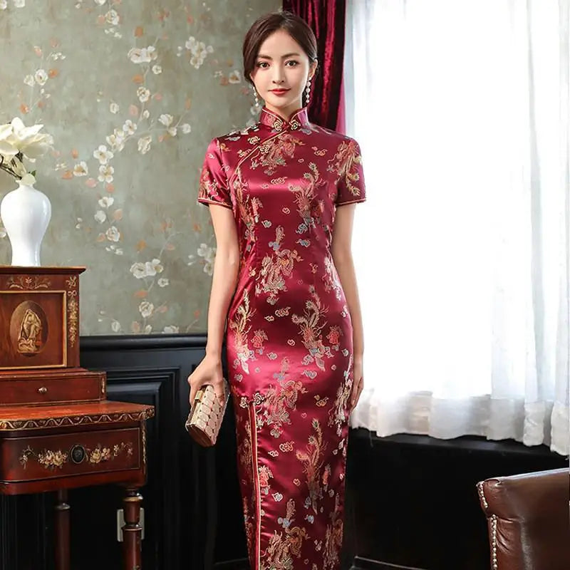 Women's Elegant Vintage Mandarin Collar Chinese Satin Dress