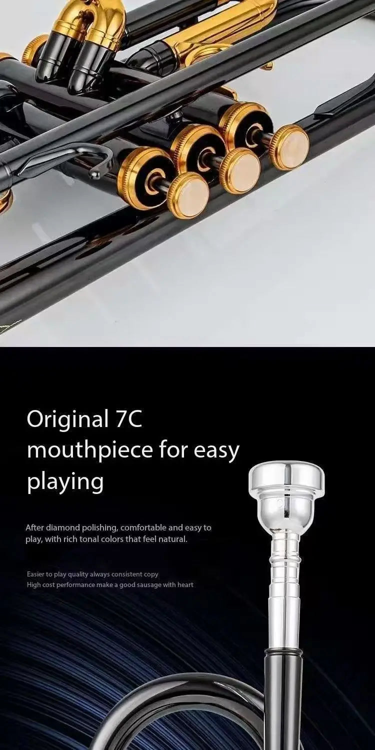 Salinte Professional Grade Beginner-Friendly BB Tone Brass Trumpet Gold Lacquer Finish - Small Size for Children's Band | Black