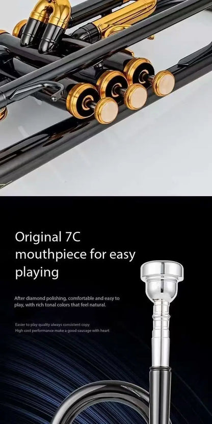 Salinte Professional Grade Beginner-Friendly BB Tone Brass Trumpet Gold Lacquer Finish - Small Size for Children's Band | Black