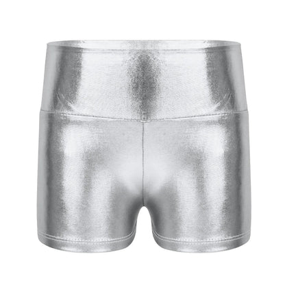 Kids Metallic Shiny High Waist Dance Shorts - Girls