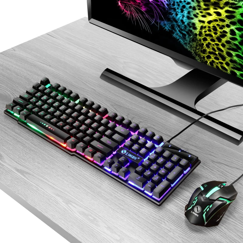USB Wired PC Rainbow Colorful LED Backlit Gaming Keyboard Mouse Set
