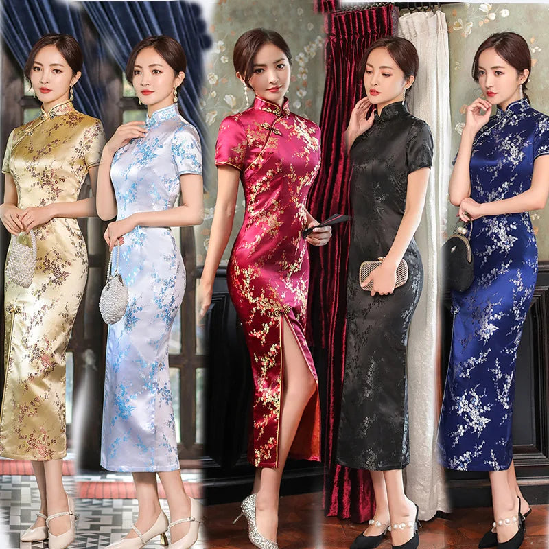 Women's Elegant Vintage Mandarin Collar Chinese Satin Dress