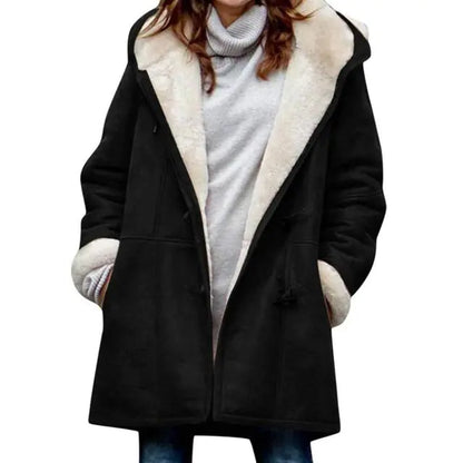 Chic Fuzzy Hooded Jacket with Horn Buttons