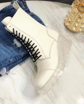 Women's White Crystal Thick Heel Mid-Tube Martin Boots