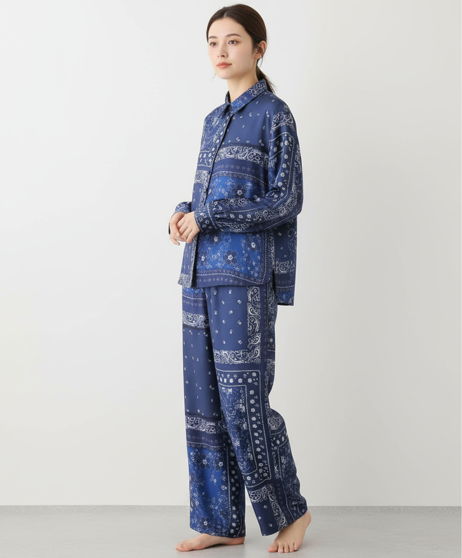 Pajamas| Chic Navy Blue Silk Pants & Shirt Combo