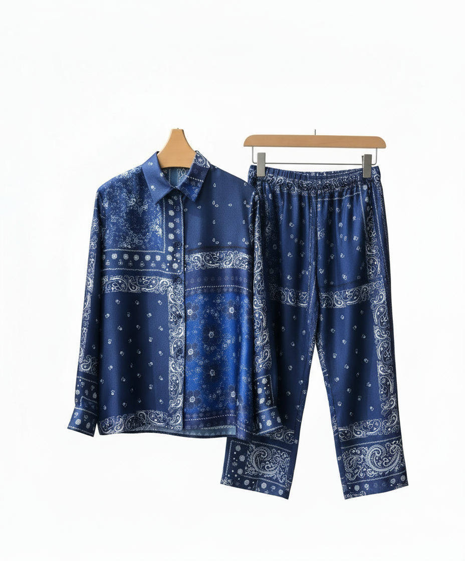 Pajamas| Chic Navy Blue Silk Pants & Shirt Combo