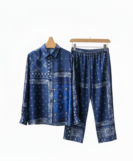 Pajamas| Chic Navy Blue Silk Pants & Shirt Combo