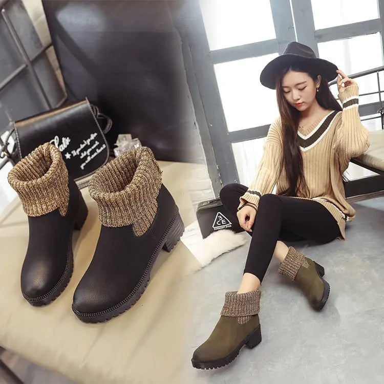 Wool Knit Short Boots with Chunky Heels and Thick Sole
