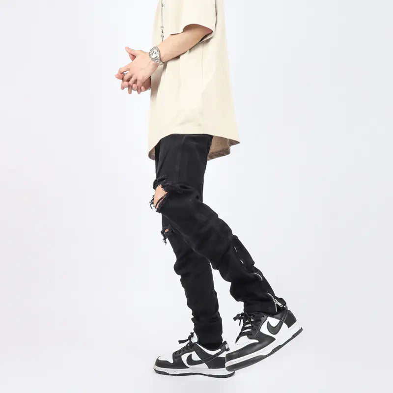 High Street Zipper Flared Ripped Black Jeans