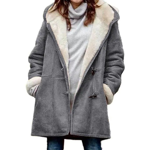 Chic Fuzzy Hooded Jacket with Horn Buttons