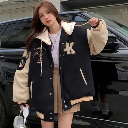 Women's Retro Embroidered Hooded Baseball Jacket