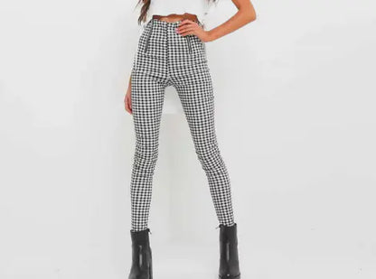 Black and White Plaid Zipper Slim Pants