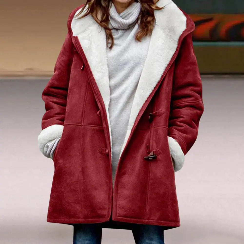 Chic Fuzzy Hooded Jacket with Horn Buttons