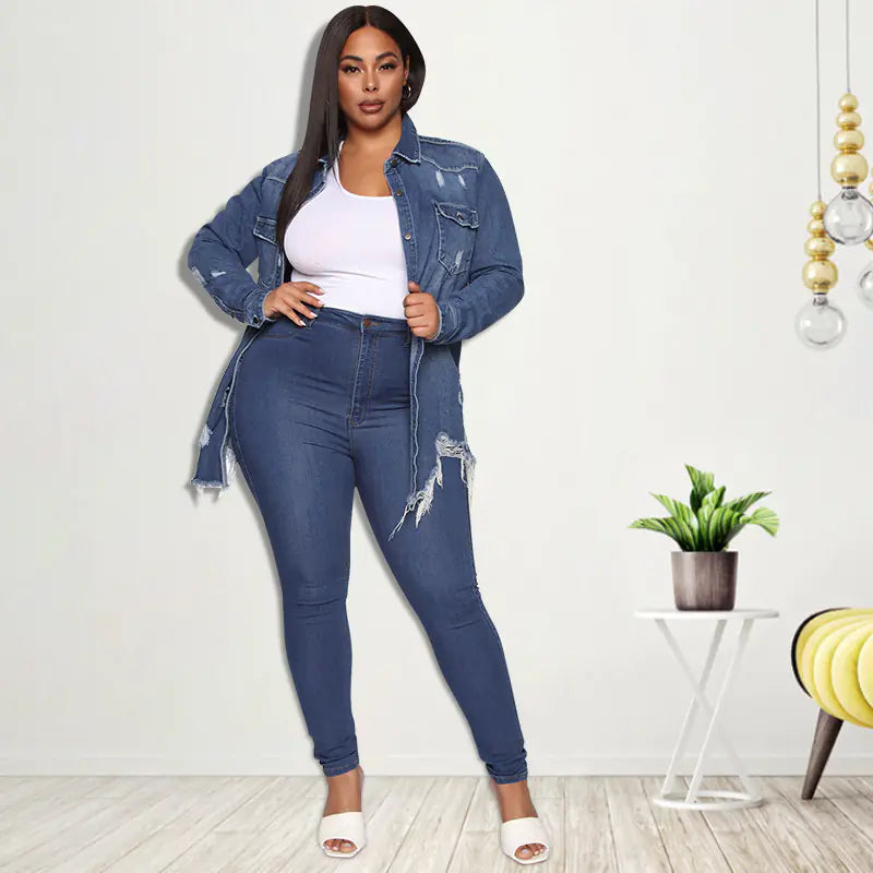 Chic Ripped Denim Trench for Women