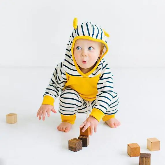 Yellow Long Sleeve Hoodie and Striped Pants Set for Kids