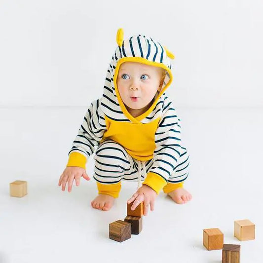 Yellow Long Sleeve Hoodie and Striped Pants Set for Kids