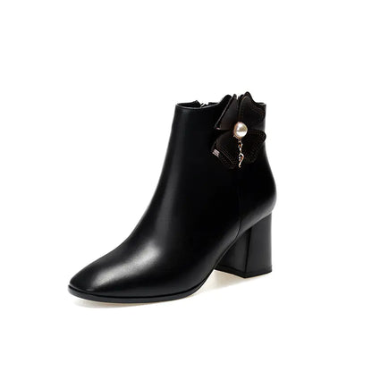 Women's Leather Ankle Boots with Square Toe and Chunky Heel