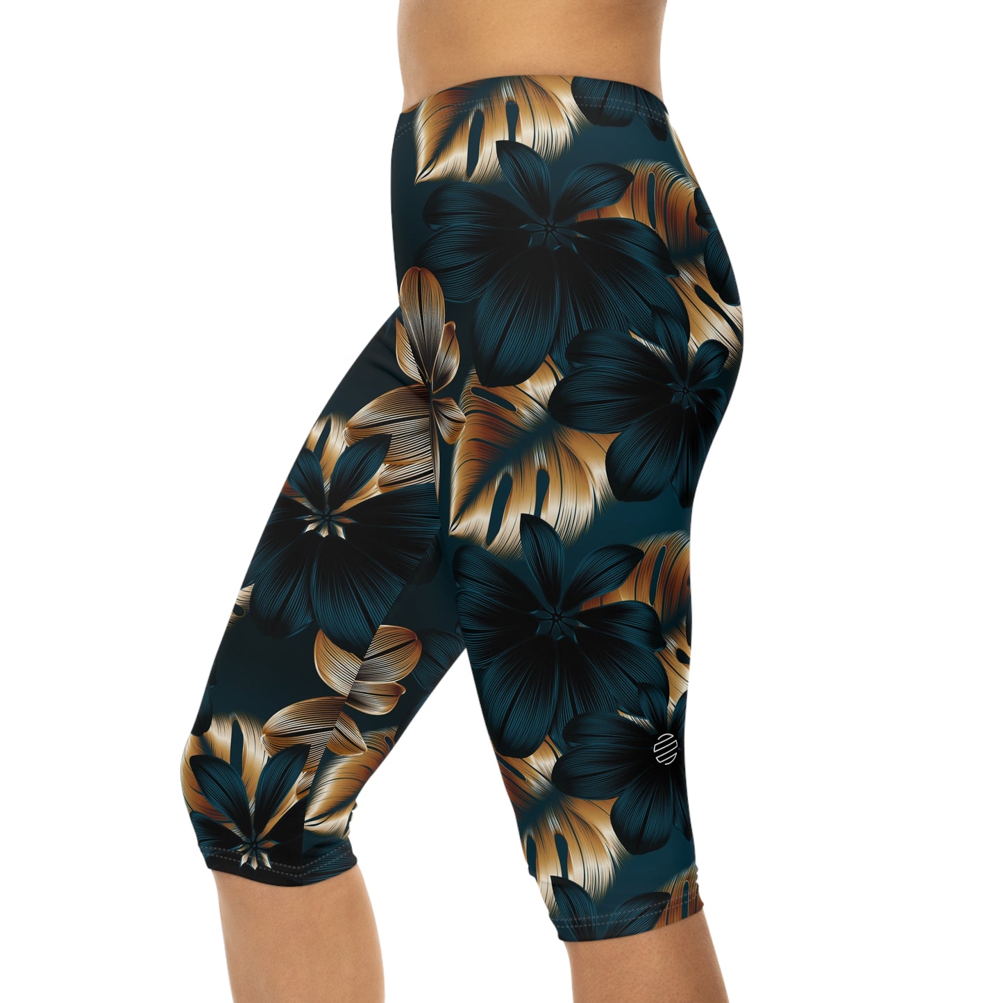 Teal & Gold Tropical Floral Capri Leggings