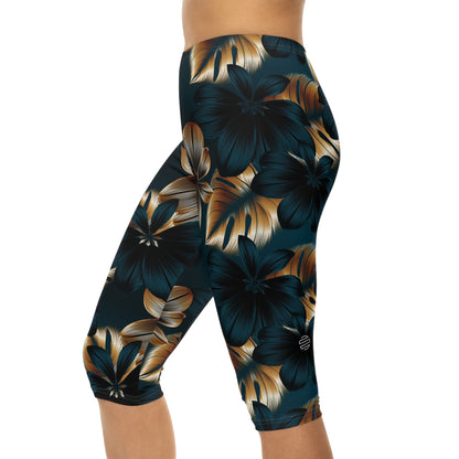 Teal & Gold Tropical Floral Capri Leggings
