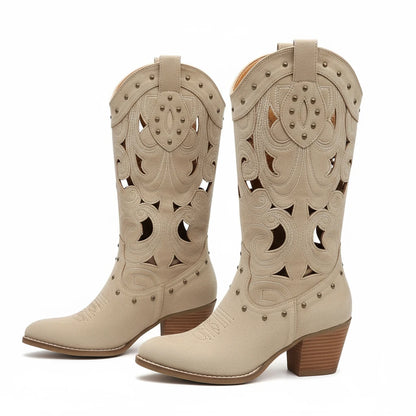 Women's Chic Embroidered Western Boots with Chunky Heel