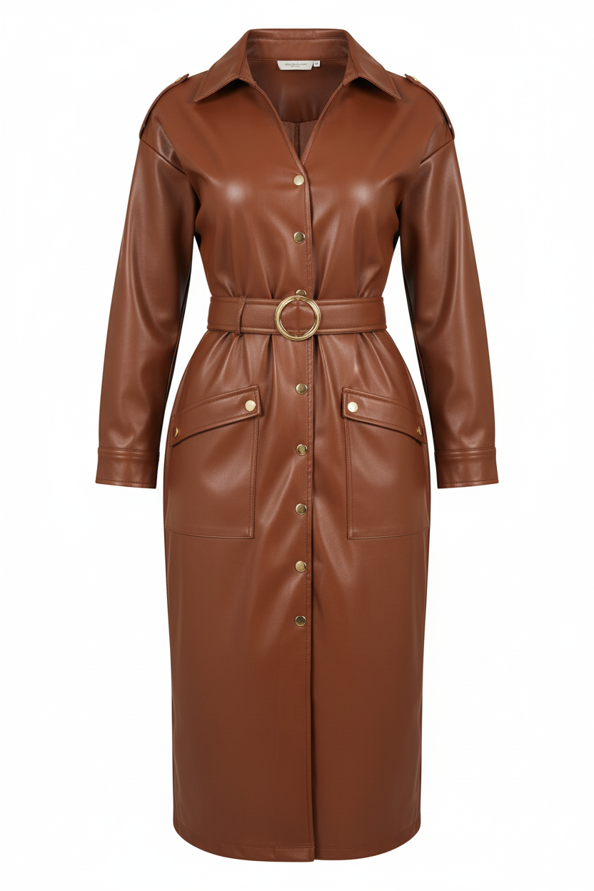 V-neck PU Leather Stitching Dress